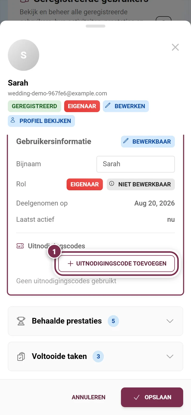 Onderdeel Uitnodigingscodes in het deelnemersvenster met de knop Toevoegen gemarkeerd