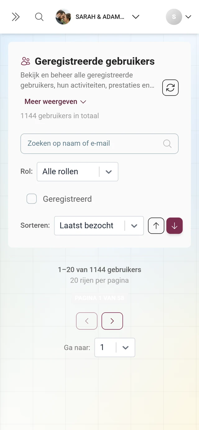 Deelnemerslijst in tabelweergave met kolommen voor gebruiker, rol, activiteit en meer