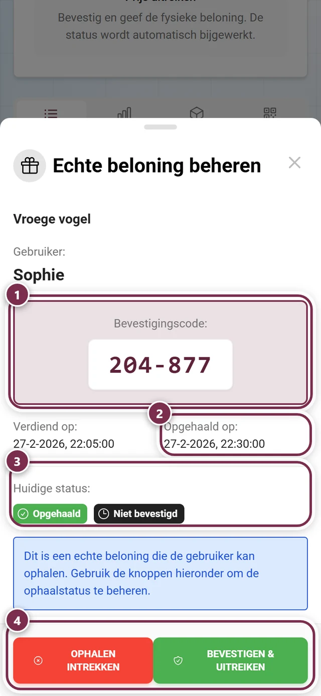 Dialog Echte Belohnung verwalten mit markiertem Code, Abholdatum, Status-Chips und den beiden Schaltflaechen