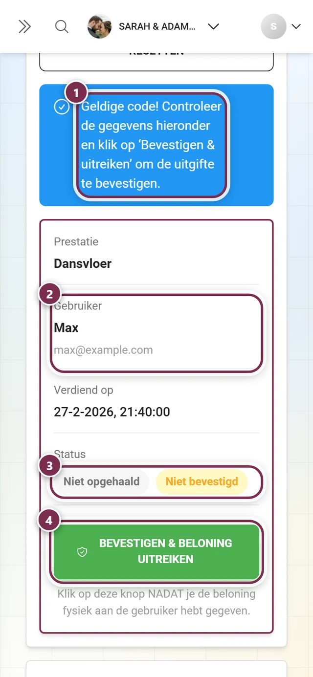 Reiter Code verifizieren nach erfolgreicher Pruefung mit Meldung, Detailkarte, Status-Chips und gruenem Knopf