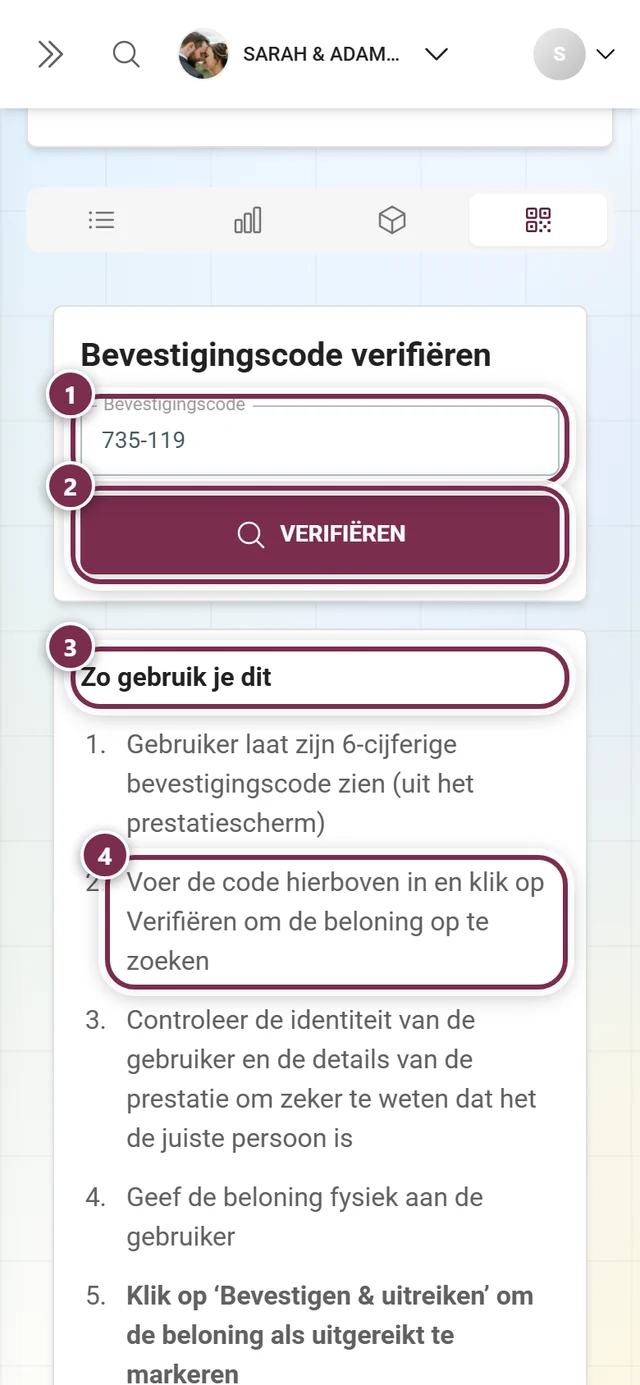 Tabblad Code verifiëren bij de gastheer met gecontroleerde code en detailkaart