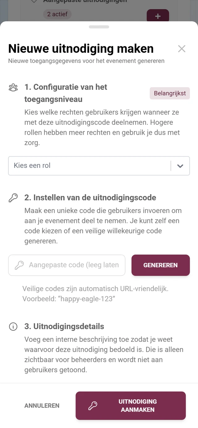 Venster voor het aanmaken van een uitnodiging met rolkeuze en uitnodigingscode