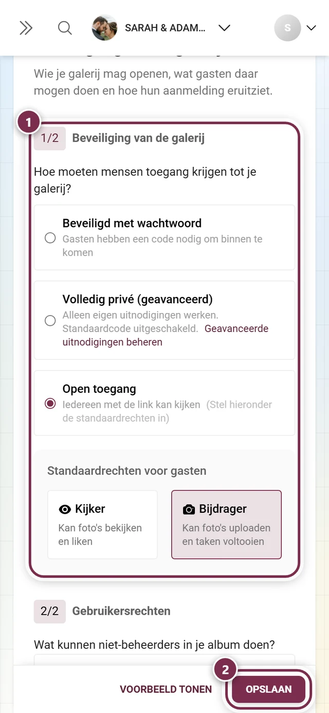 Onderdeel Galerijbeveiliging in het tabblad Toegang met markering en opslagbalk