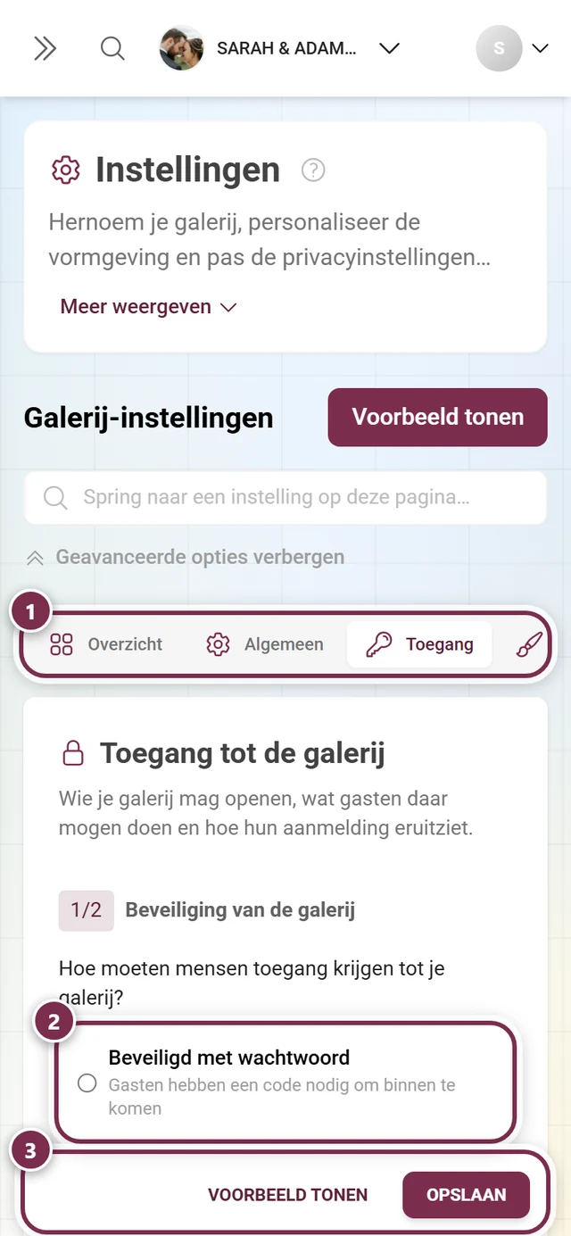 Het tabblad Toegang van de galerij-instellingen met galerijbeveiliging, galerijmodus en uitnodigingscodes