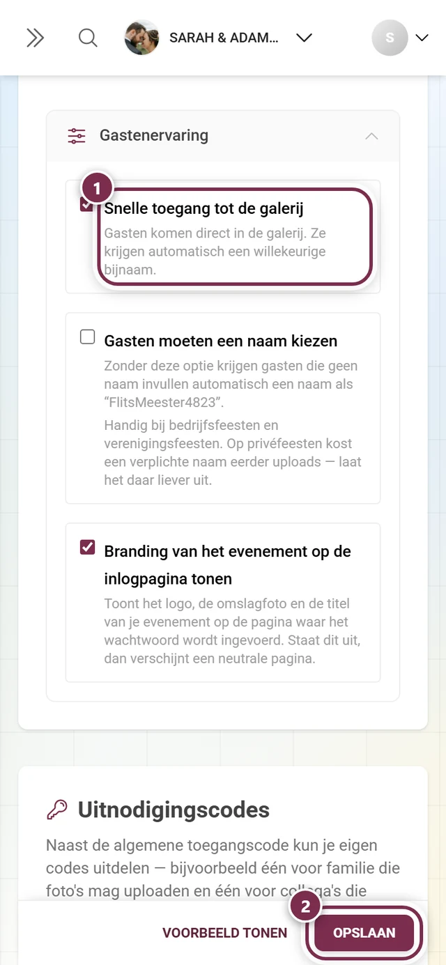 Tabblad Toegang met gemarkeerde regel Snelle toegang tot de galerij en gemarkeerde knop Wijzigingen opslaan