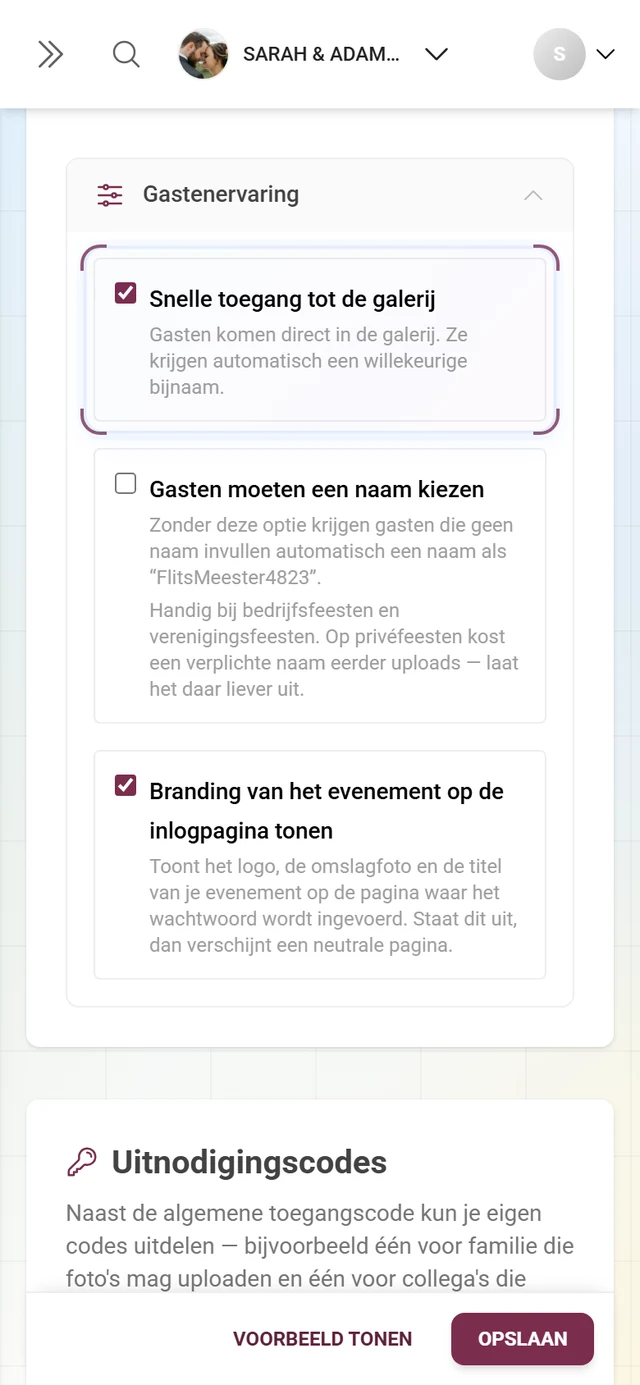 Uitgeklapt blok Gastenervaring met de selectievakjes Snelle toegang tot de galerij, Gasten moeten een naam kiezen en Branding van het evenement op de inlogpagina tonen
