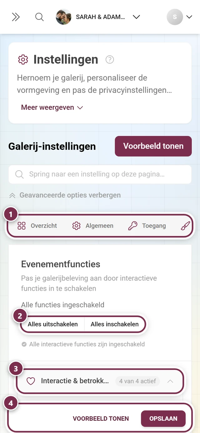 De tab Galerijfuncties met accordeon-secties en schakelaars voor likes, reacties, downloads en meer