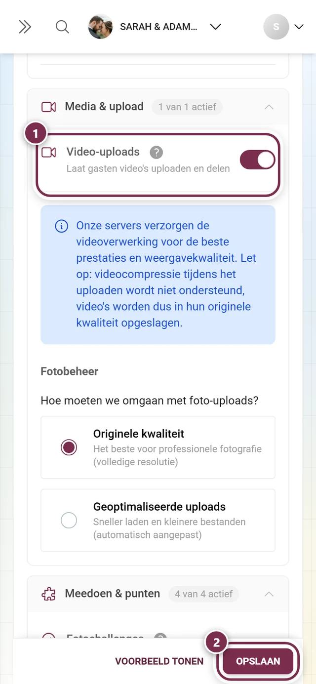 Functiekaart Video-uploads met gemarkeerde schakelaar en opslagbalk