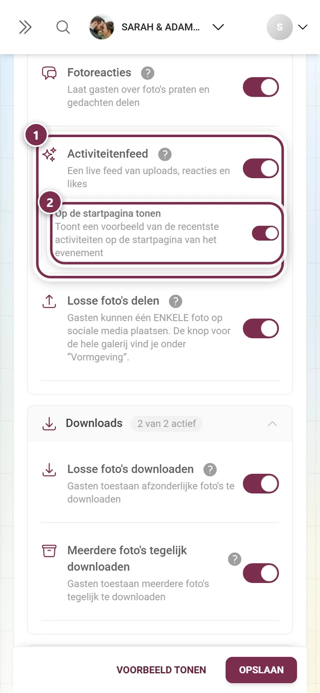 Functie-instellingen met gemarkeerde kaart Activiteitenfeed en de subschakelaar Op de startpagina tonen