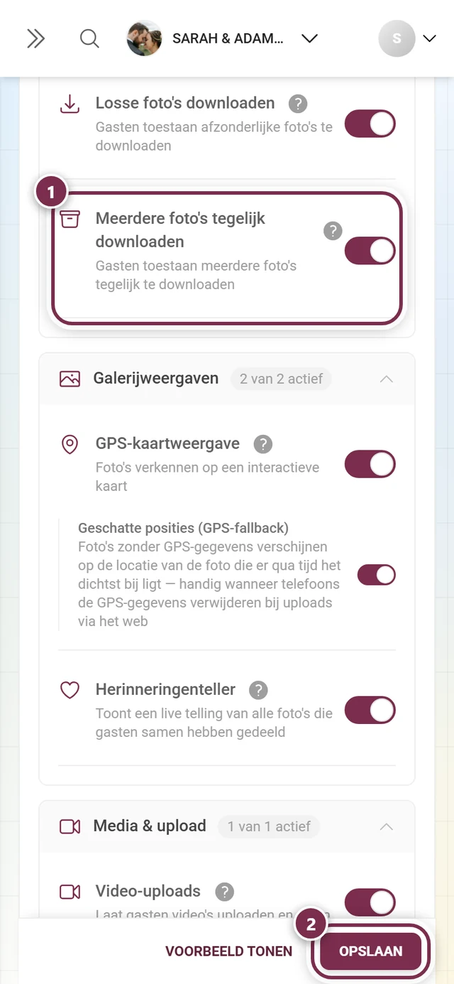 Functiekaart voor gezamenlijk downloaden met gemarkeerde schakelaar en opslagbalk