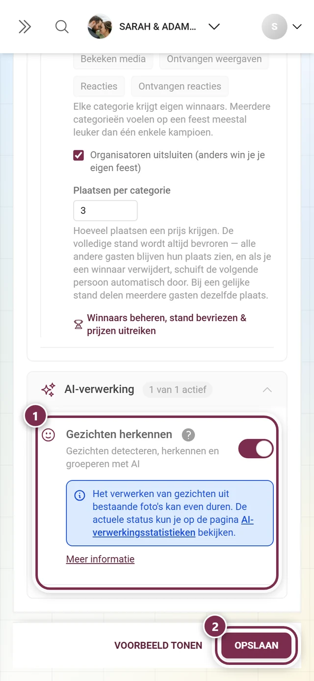 Functiekaart Gezichtsherkenning met gemarkeerde schakelaar en opslagbalk