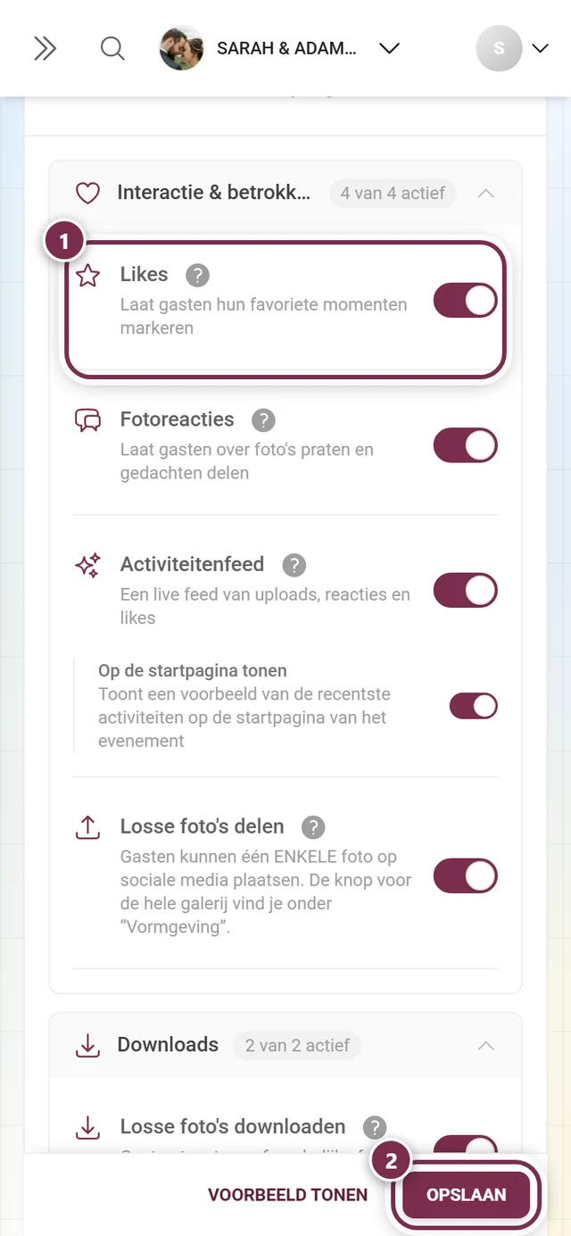 Functiekaart Likes met gemarkeerde schakelaar en gemarkeerde opslagbalk