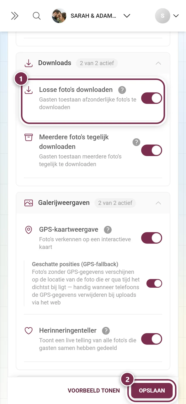 Instellingen: Functies met de uitgelichte schakelaar Losse foto's downloaden