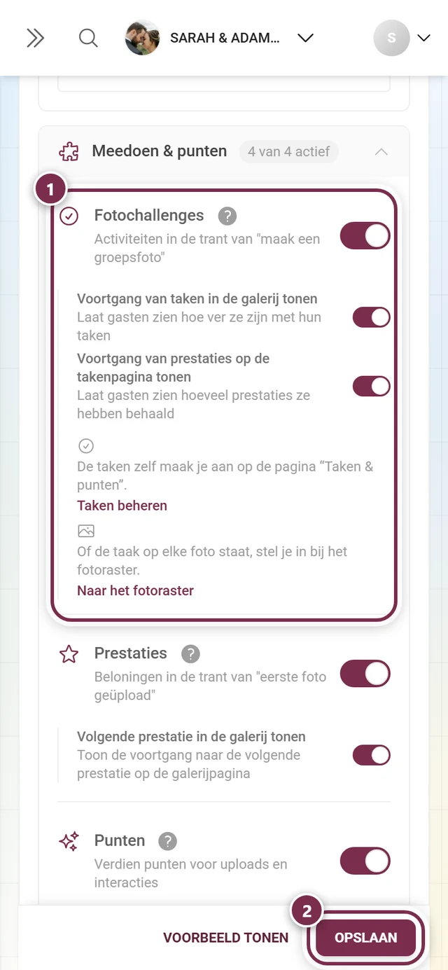 Functiekaart Fotochallenges met gemarkeerde schakelaar en opslagbalk