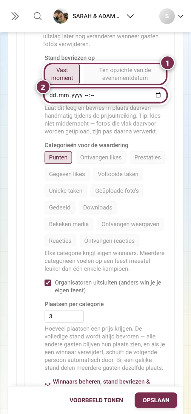 De twee modi Vast moment en Ten opzichte van de evenementdatum met het datumveld daaronder
