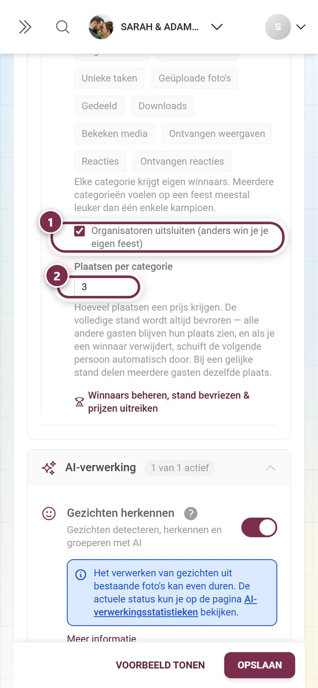 Het vinkje Organisatoren uitsluiten en daaronder het getalveld Plaatsen per categorie met de waarde 3