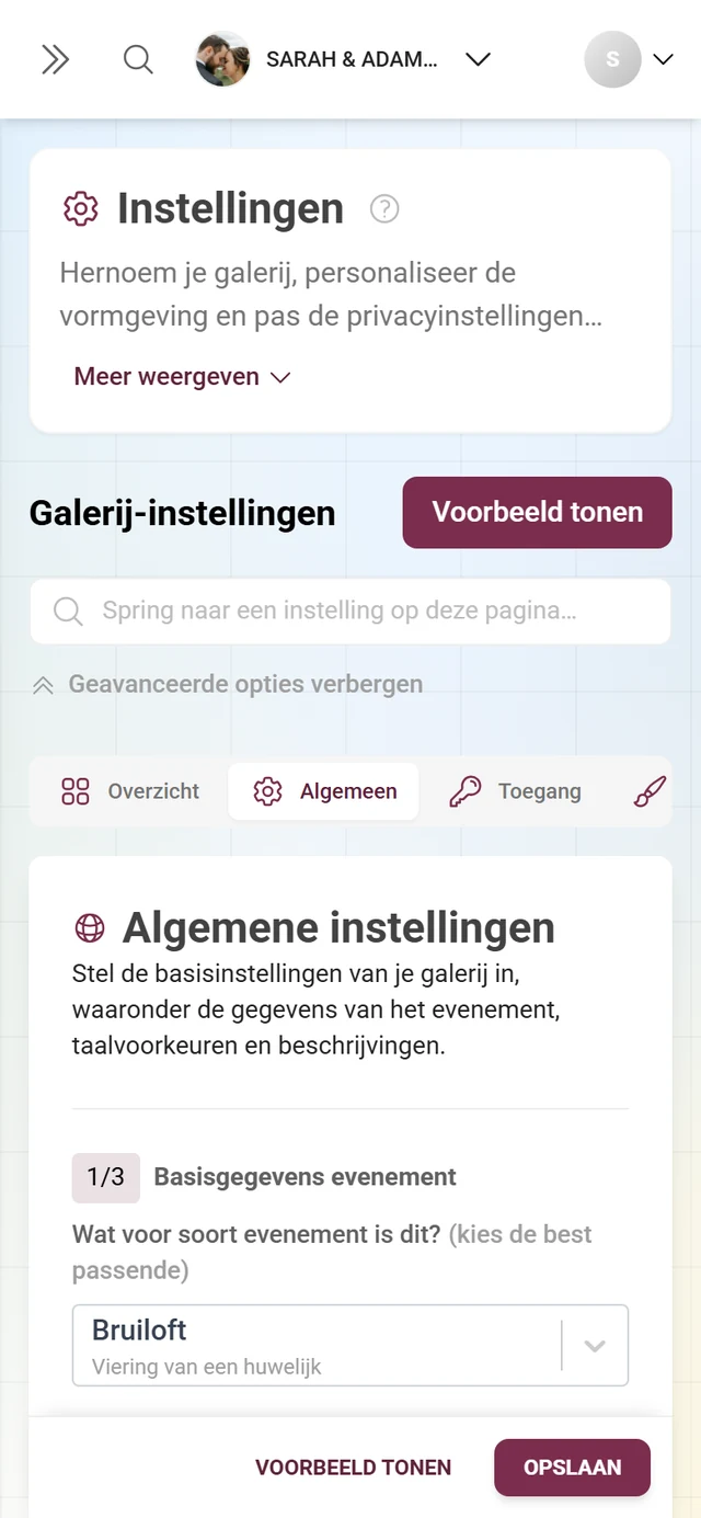 Het tabblad Algemeen van de galerij-instellingen met de onderdelen Basisgegevens evenement, Taalinstellingen en Inhoud van de galerij