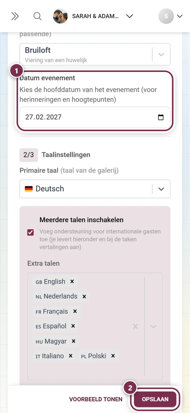 Veld Datum evenement in de algemene instellingen met markering en opslagbalk