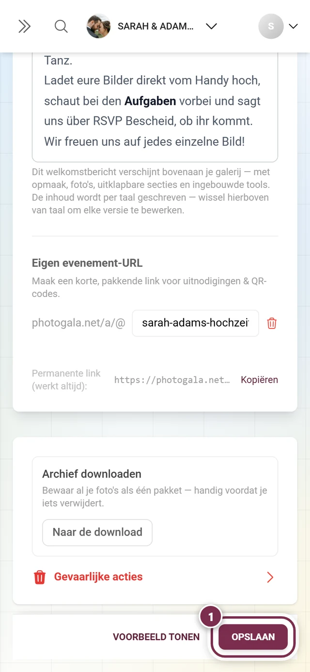 Vastgeplakte opslagbalk onderaan de instellingen