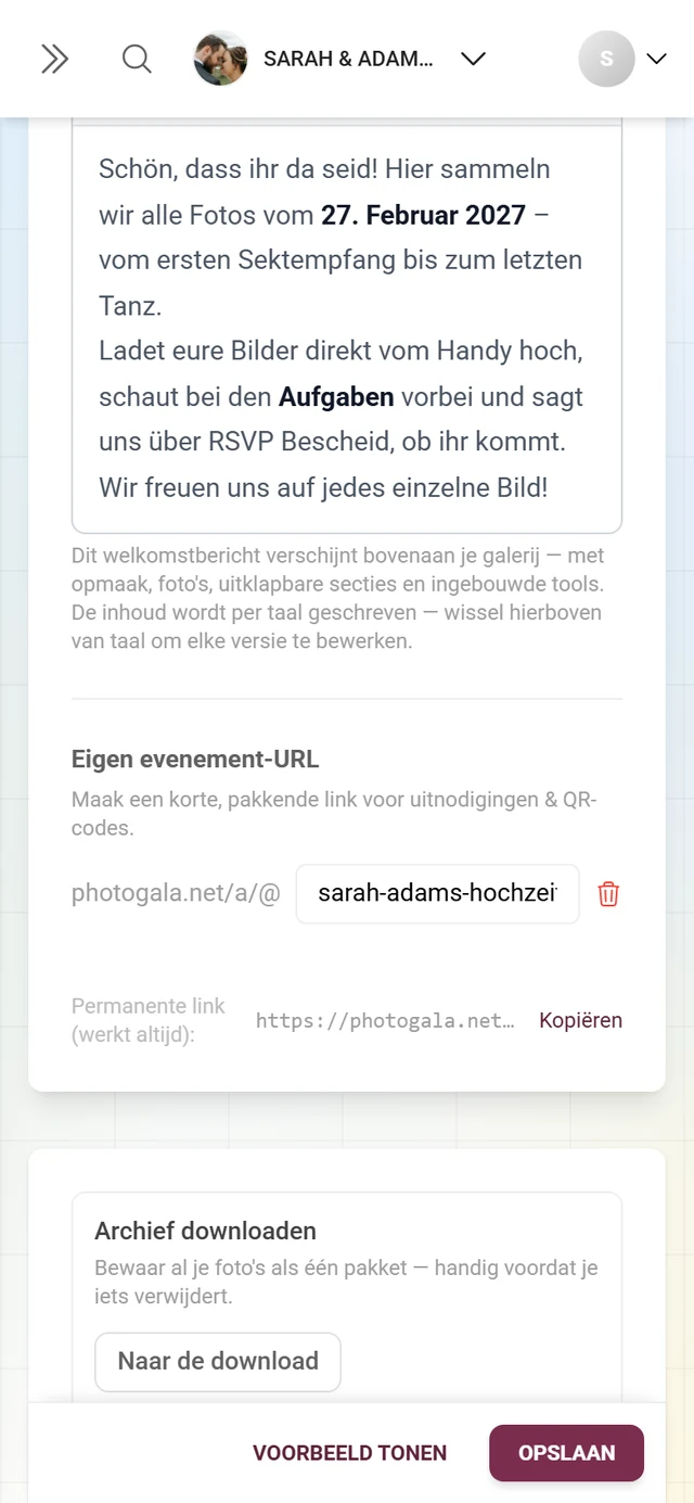 Eigen evenement-URL met invoerveld en permanente link eronder