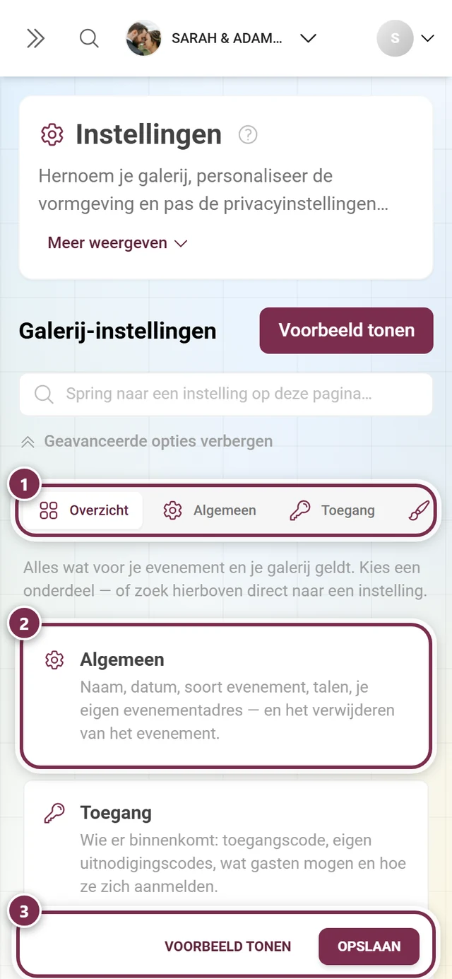 Overzichtstegels van de galerij-instellingen