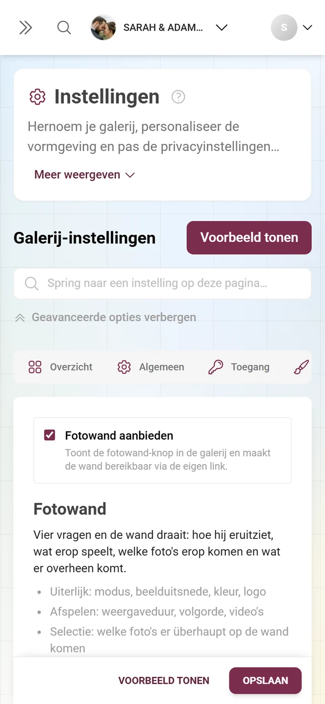 Fotowand-tabblad met de schakelaar Fotowand aanbieden, de kop Fotowand en het overzicht van uiterlijk, verloop, selectie en overlays