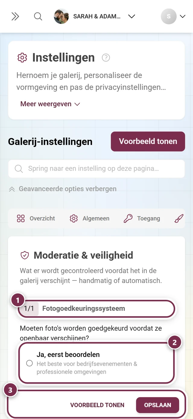 Tabblad Moderatie en veiligheid in het adminonderdeel