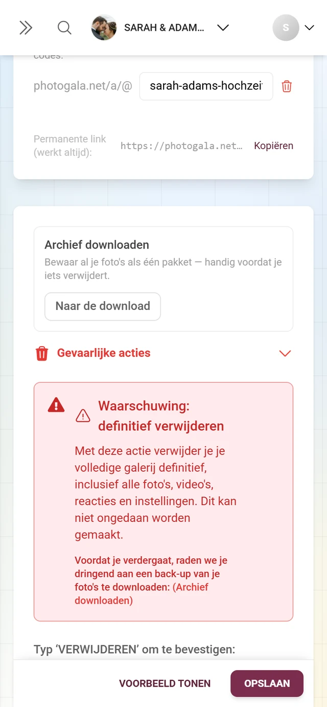Het blok Gevaarlijke acties aan het einde van het tabblad Algemeen met het bevestigingsveld