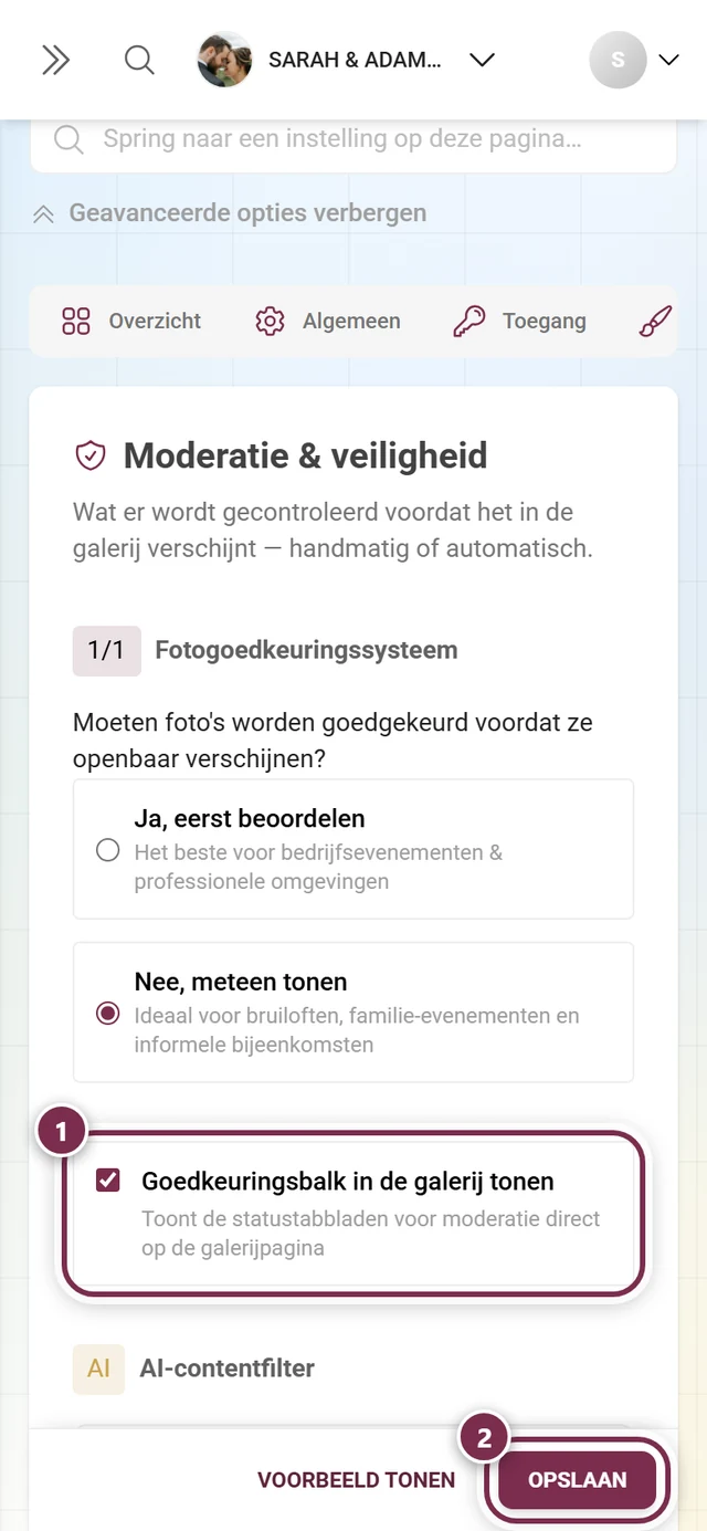 Kaart Goedkeuringsbalk in de galerij tonen met gemarkeerde schakelaar en opslagbalk