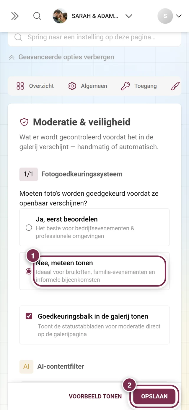 Instellingen, tabblad Moderatie en veiligheid, met de vraag over fotogoedkeuring en de opslagbalk