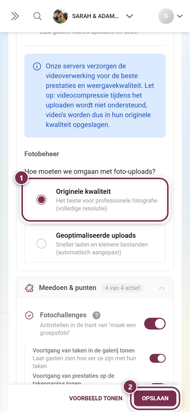 Fotobeheer met gemarkeerde optie Originele kwaliteit en gemarkeerde opslagbalk