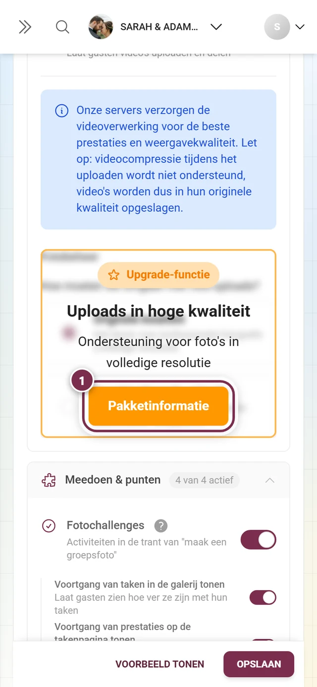 Blok Fotobeheer overdekt door een oranje upgrademelding, de knop is gemarkeerd