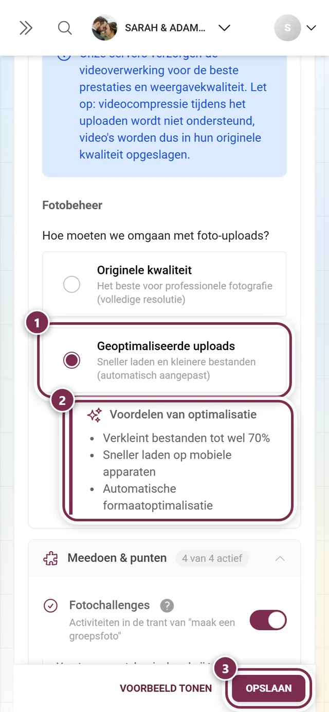 Geoptimaliseerde uploads gekozen, daaronder het ingeklapte kader Voordelen van optimalisatie, onderaan de opslagbalk