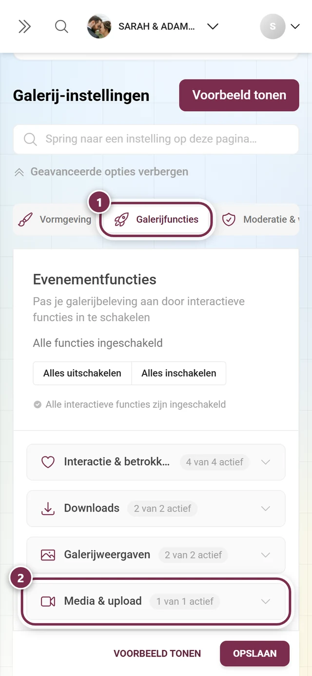 Tabblad Galerijfuncties gemarkeerd, daaronder het gemarkeerde uitklapgebied Media en upload