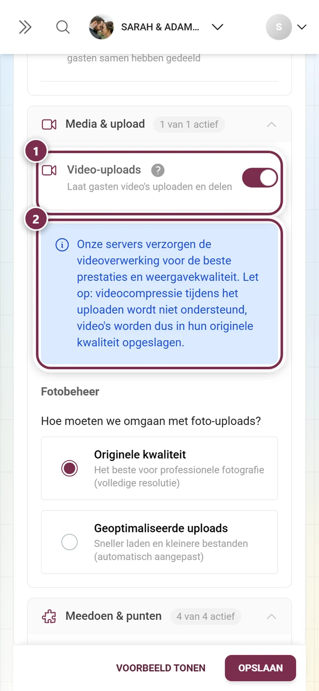 Schakelaar Video-uploads en daaronder de blauwe melding over videoverwerking, beide gemarkeerd