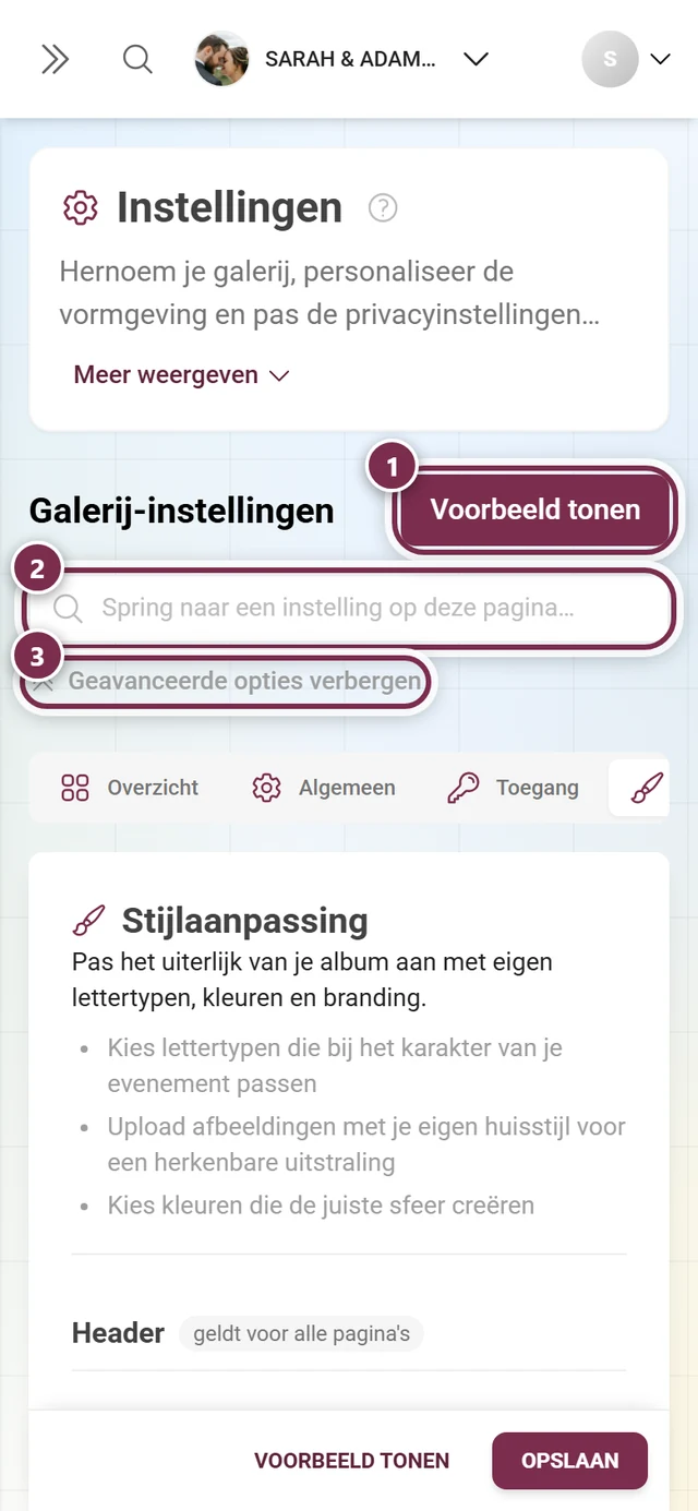 Instellingen voor het uiterlijk met logo, kleuren en omslagfoto