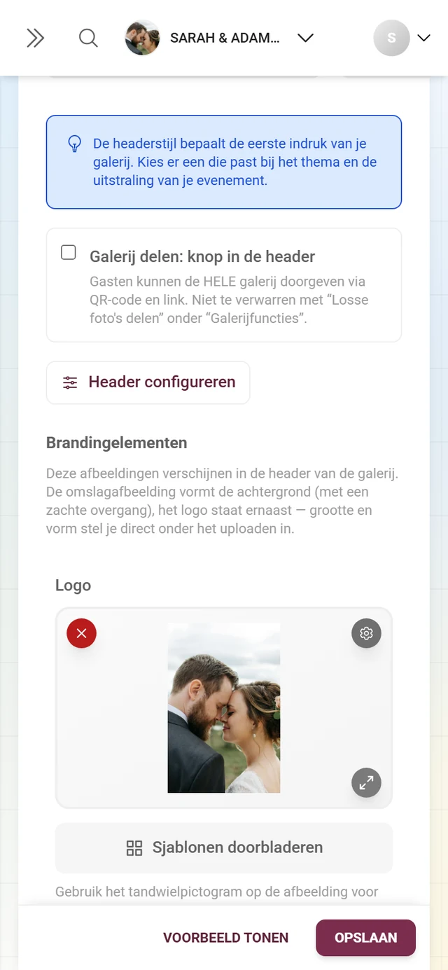 Vinkje Galerij delen, knop Header configureren en de lege uploadvelden Logo en Omslagafbeelding