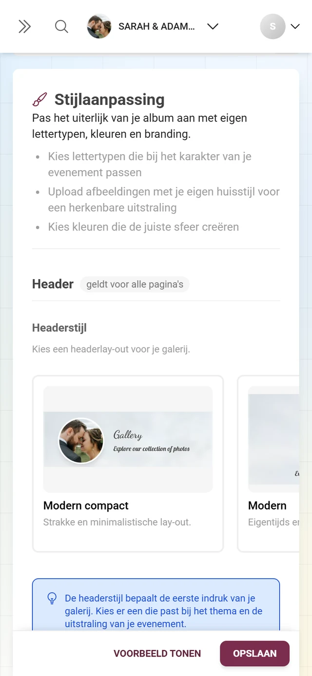 Blok Headerstijl met de voorbeeldkaarten Modern compact, Modern, Polaroid en Minimalistisch