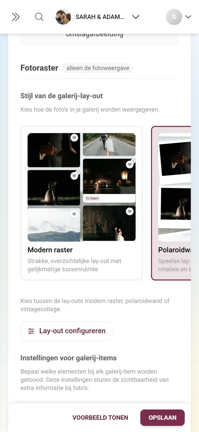 Blok Galerijlay-outstijl met voorbeeldkaarten voor Modern raster, Polaroidwand, Vintagecollage en Tijdlijn