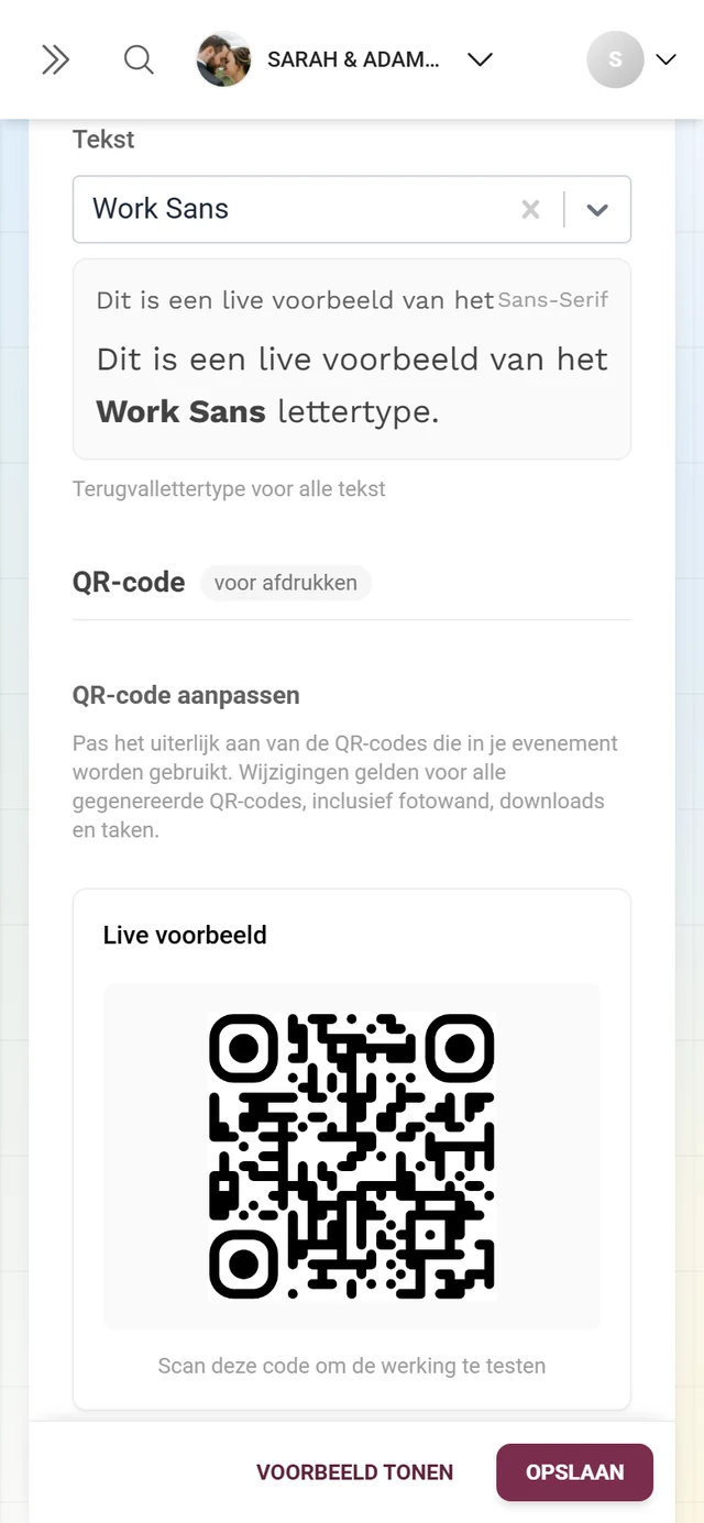 Blok QR-code aanpassen met live voorbeeld, knop QR-code-ontwerper en pro-tips