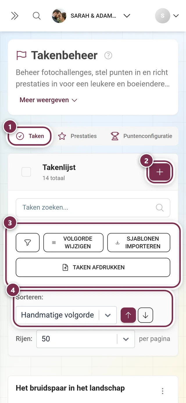 Takenbeheer met gemarkeerde tabbalk, aanmaakknop, werkbalk en sortering
