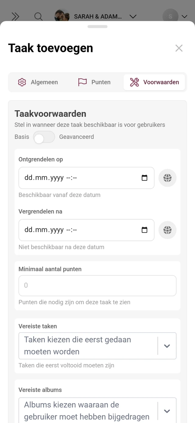 Tabblad Voorwaarden in de taakeditor met de schakelaars Basis en Geavanceerd