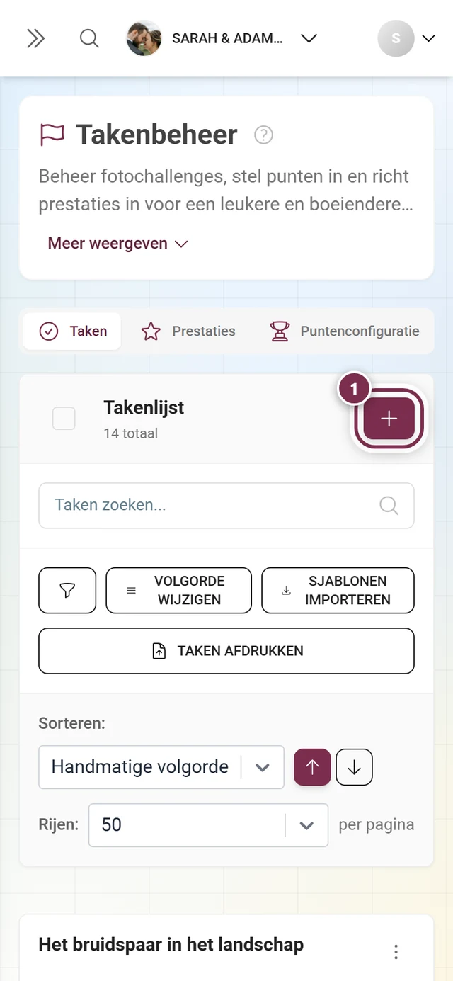 Takenbeheer met rood gemarkeerde knop Taak aanmaken rechtsboven boven de werkbalk