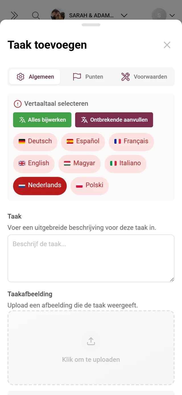 Taakeditor met velden voor taak, referentieafbeelding, punten en sortering