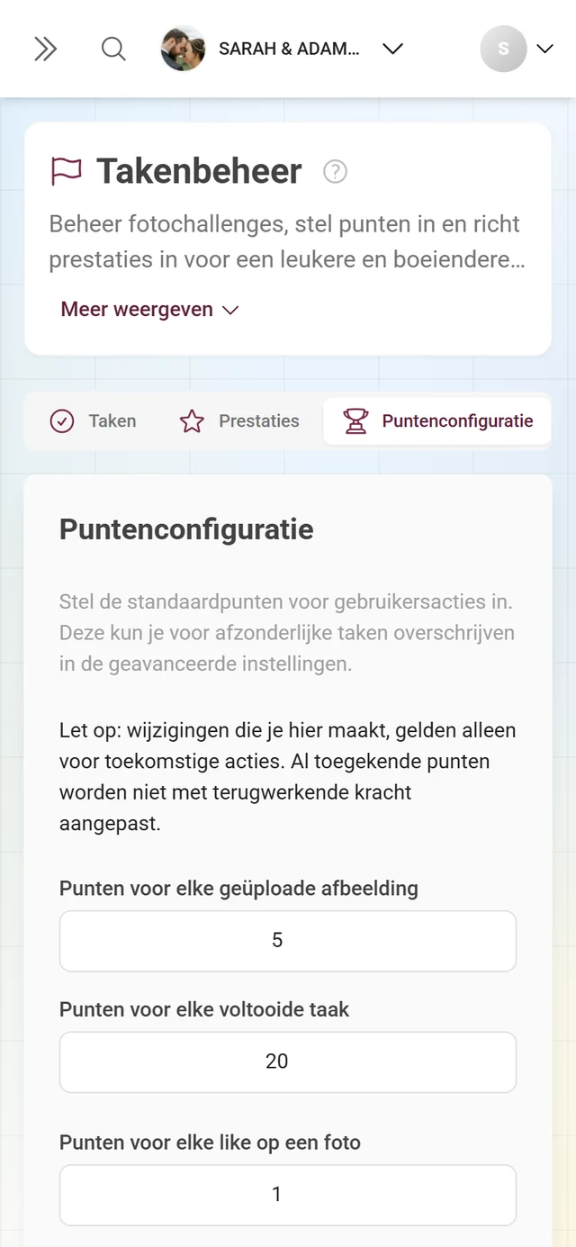 Tabblad Puntenconfiguratie met de puntwaarden per actie