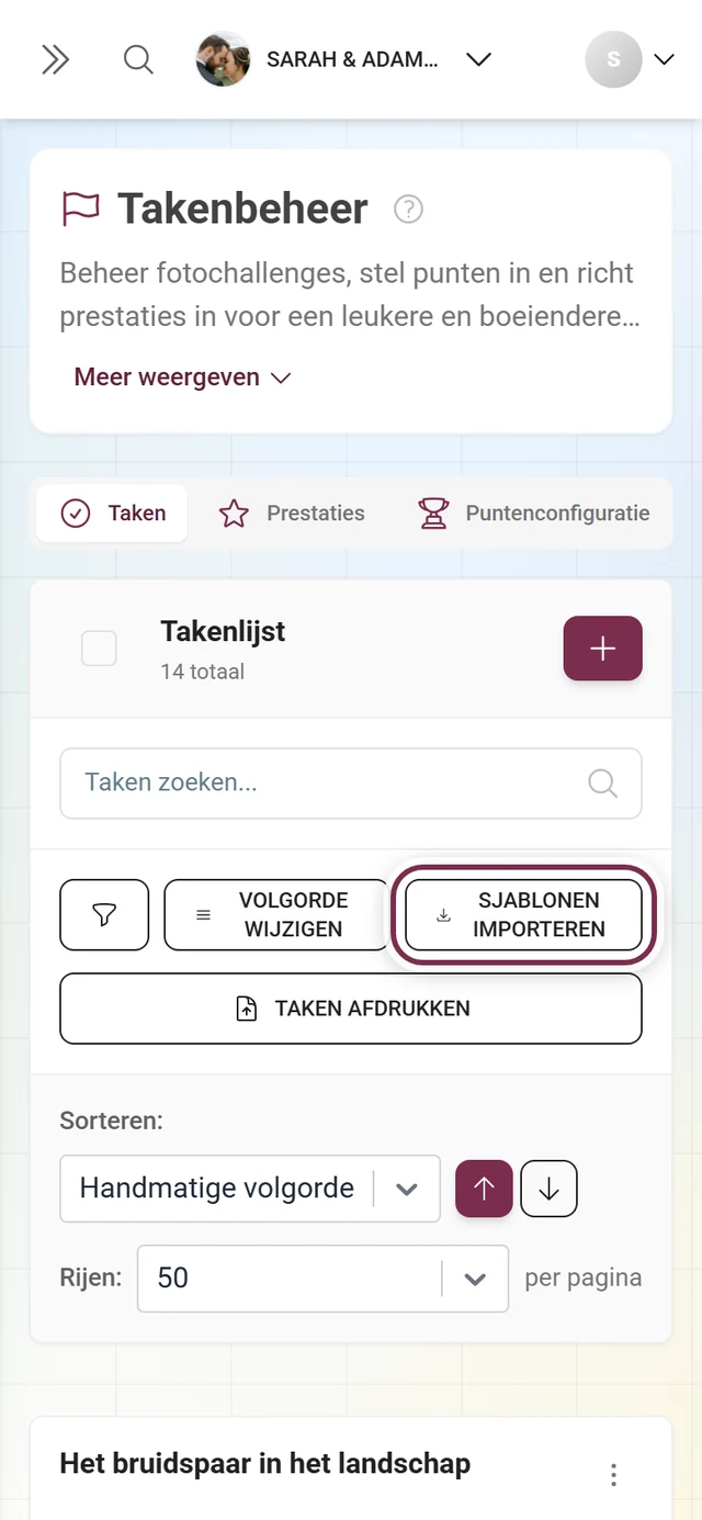 Werkbalk van Takenbeheer met rood gemarkeerde knop Sjablonen importeren