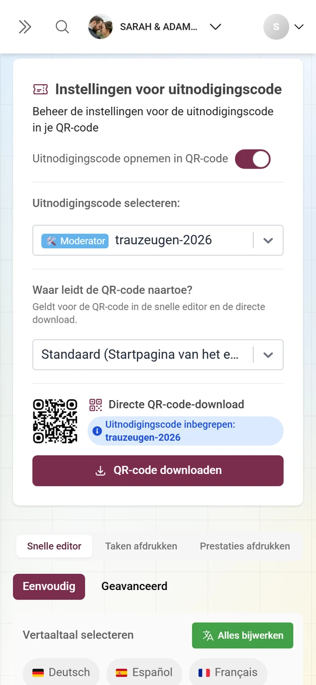 Kaart Instellingen voor uitnodigingscode met schakelaar, QR-bestemming en directe download