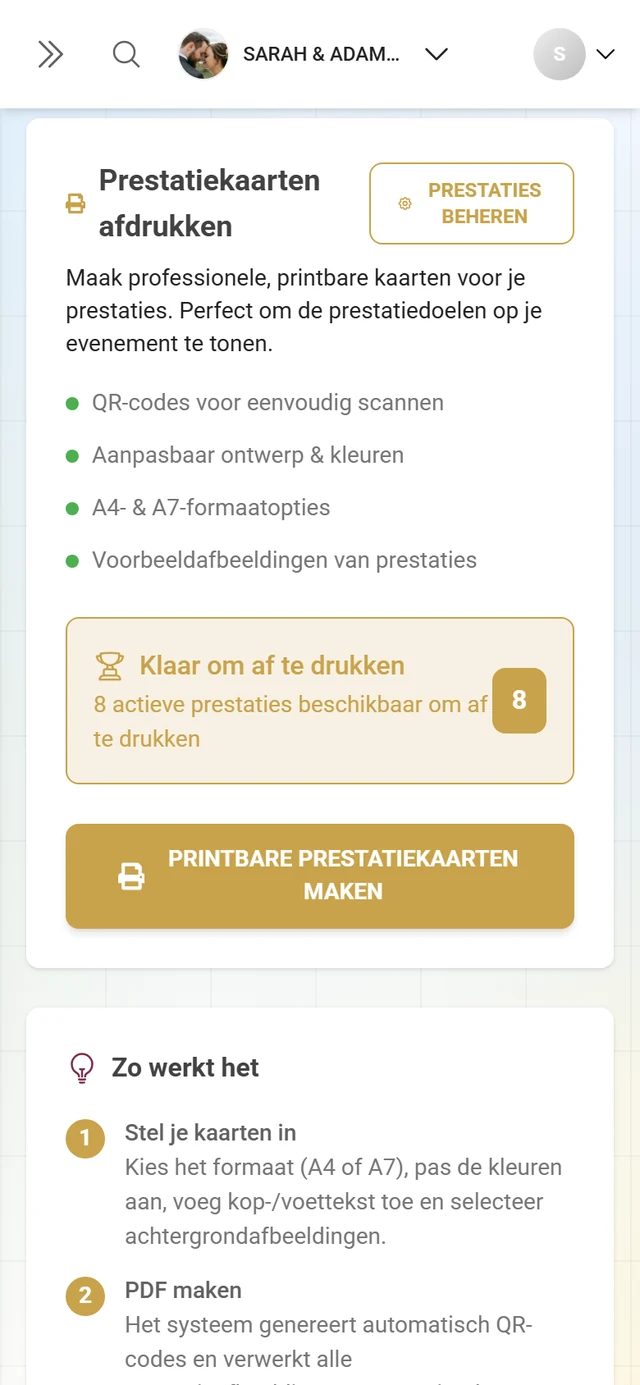 Tab Prestaties afdrukken met de kaart Prestatiekaarten afdrukken
