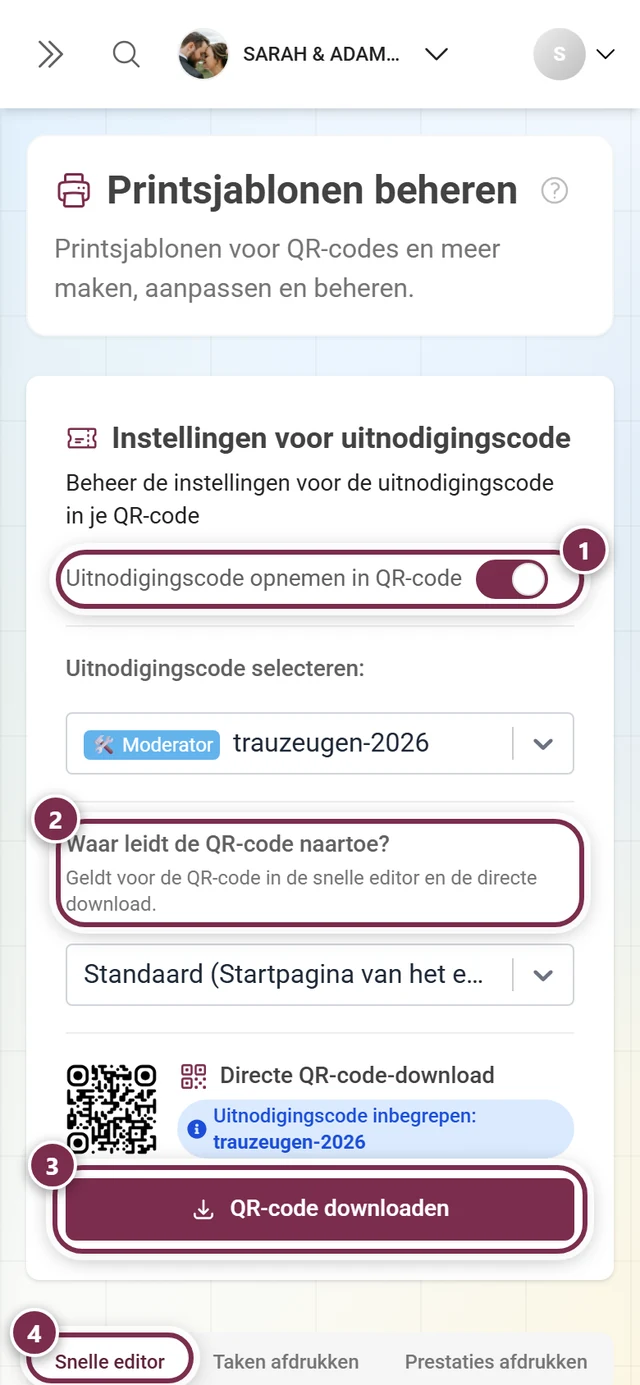 Pagina Printsjablonen met de uitnodigingscodeschakelaar, QR-bestemming, downloadknop en tabbladen gemarkeerd