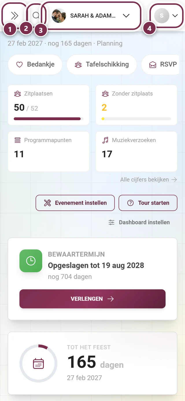Topbar van het adminportaal op de telefoon met vier rood gemarkeerde bedieningselementen van 1 tot 4